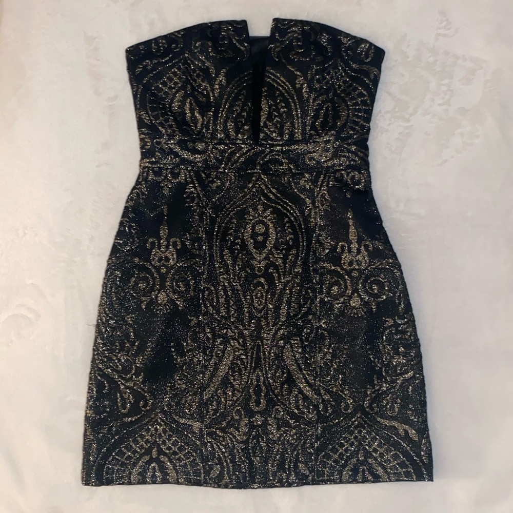Express Black and Gold Cutout Strapless NYE Dress